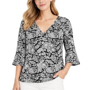 Loft Womens Top L Office Black White Paisley Floral Minimalist Mature Monochrome